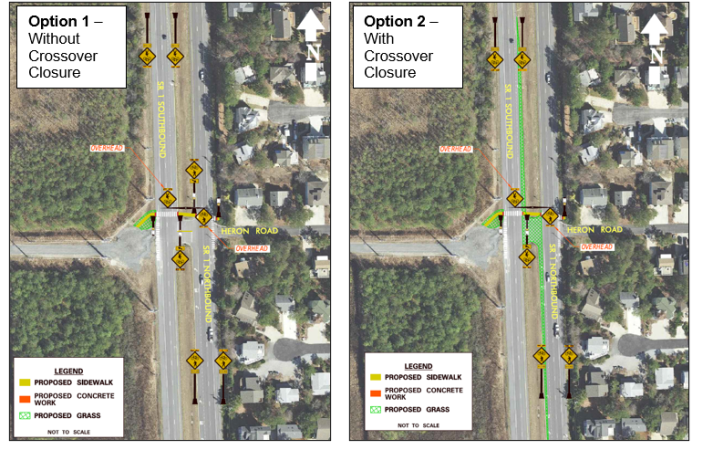 3. A crosswalk with Rectangular Rapid Flashing Beacons (RRFBs) is scheduled to be installed at Location 2 Heron Road as part of short-term improvements. Two design options are shown below. See slides 35-36 of the presentation for more details. Please indicate your preference.