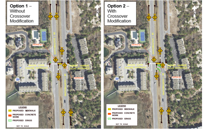4. A crosswalk with Rectangular Rapid Flashing Beacons (RRFBs) is scheduled to be installed at Location 3 Indian Harbor Villas/Beach Cove Square as part of short-term improvements. Two design options are shown below. See slides 37-38 of the presentation for more details. Please indicate your preference by selecting one of the following: